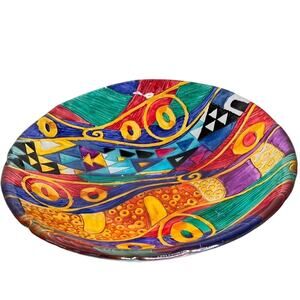VTG Postmodern Gustav Klimt Inspired Hand Painted Art Glass Abstract Bowl